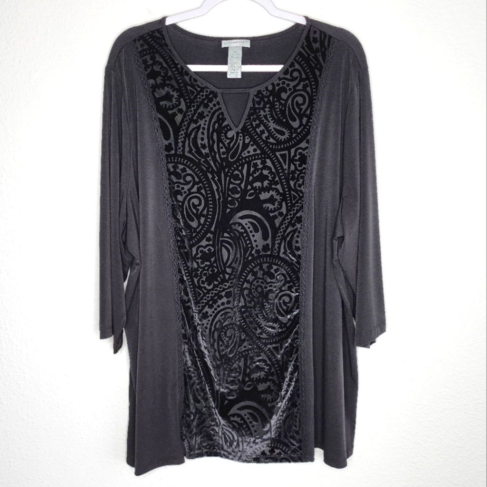 Catherines Top Velvet Design Stretchy 3/4 Sleeves Black 2X